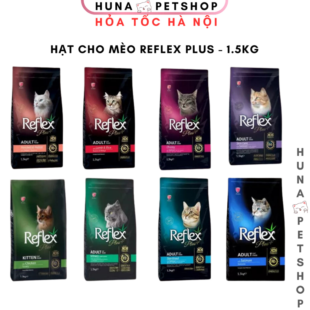 Hạt cho mèo Reflex Plus cao cấp - Protein cá hồi/gà/cừu - Hỗ trợ tiêu hóa, mèo triệt sản, da bóng mượt - Túi 1.5kg
