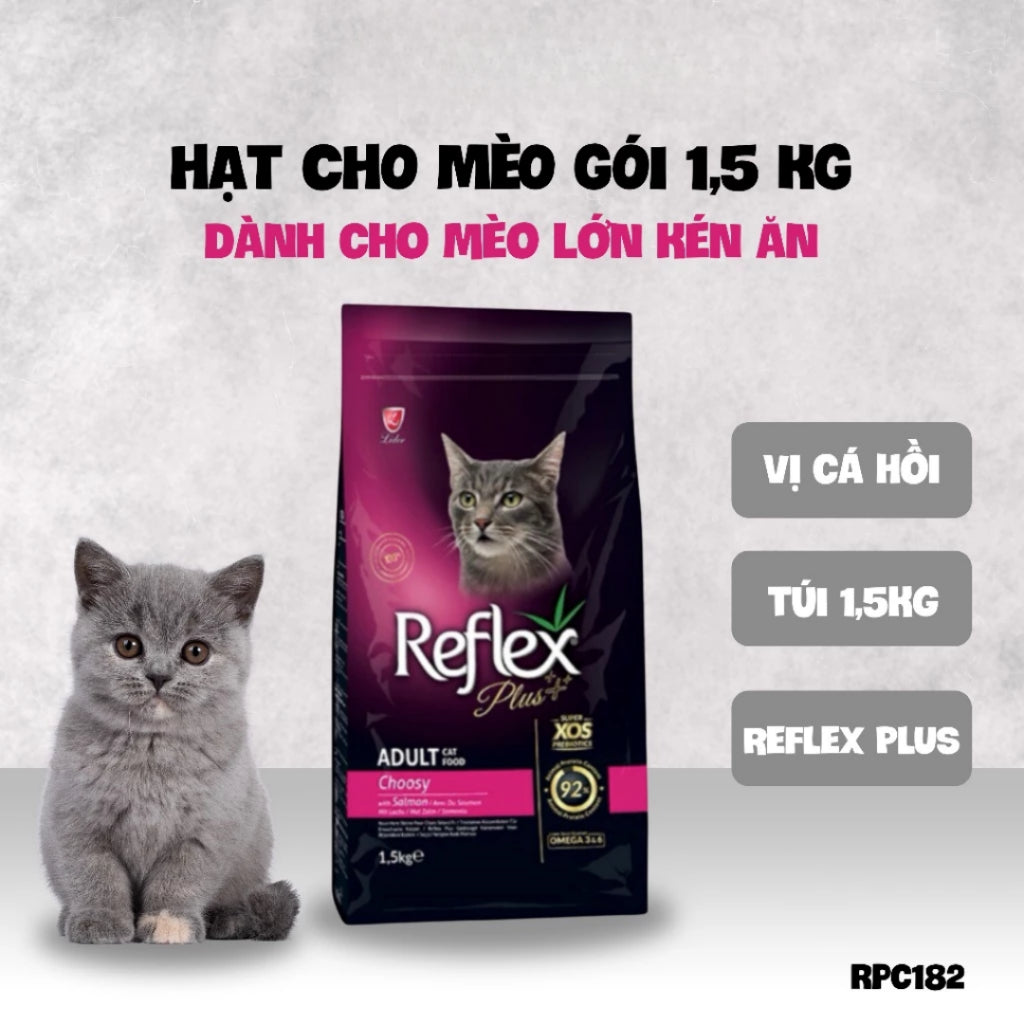 Hạt cho mèo Reflex Plus cao cấp - Protein cá hồi/gà/cừu - Hỗ trợ tiêu hóa, mèo triệt sản, da bóng mượt - Túi 1.5kg
