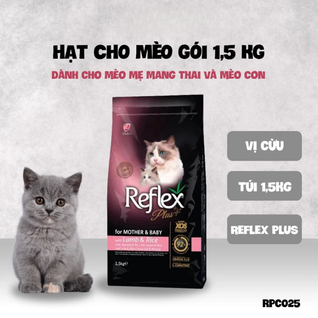 Hạt cho mèo Reflex Plus cao cấp - Protein cá hồi/gà/cừu - Hỗ trợ tiêu hóa, mèo triệt sản, da bóng mượt - Túi 1.5kg