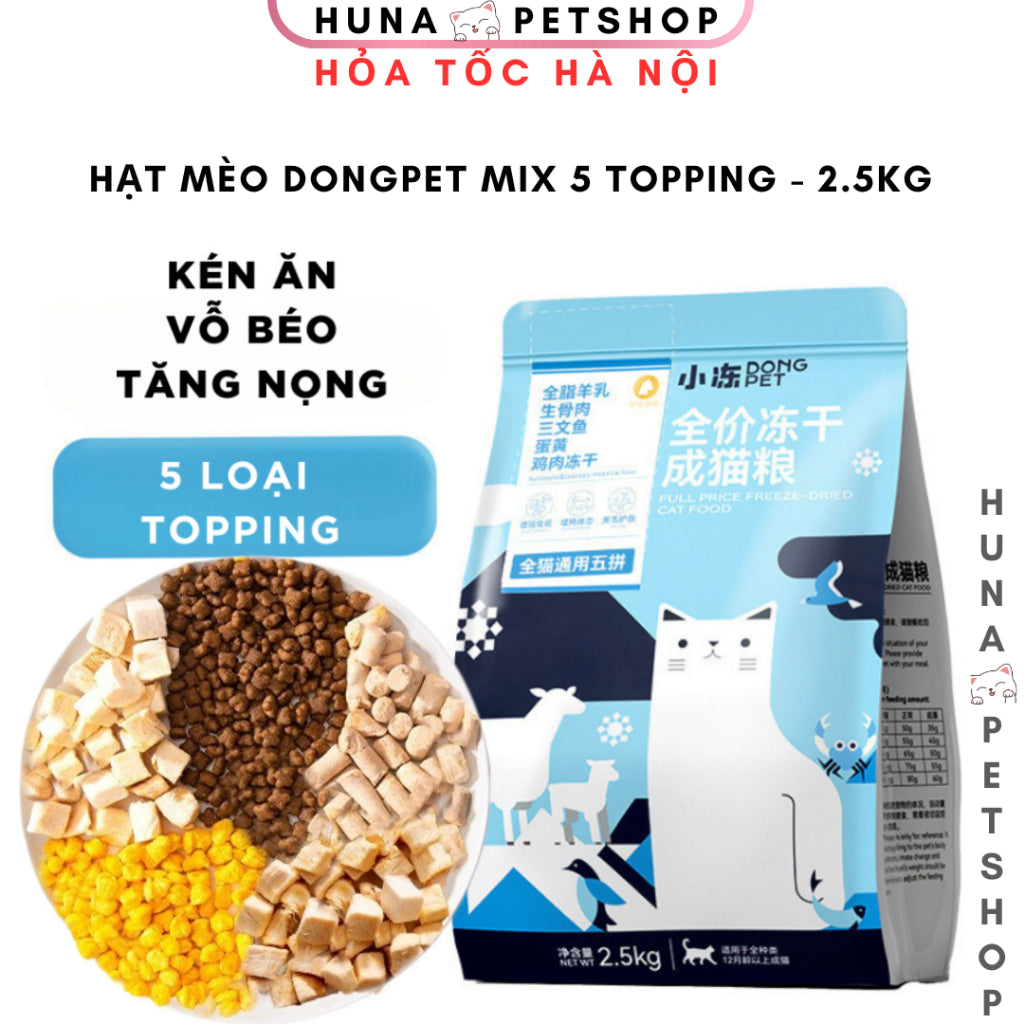 Hạt mèo DONGPET - thức ăn khô cho mèo mix thịt đông khô cao cấp, chuyên cho mèo kén ăn, vỗ béo, tăng nọng