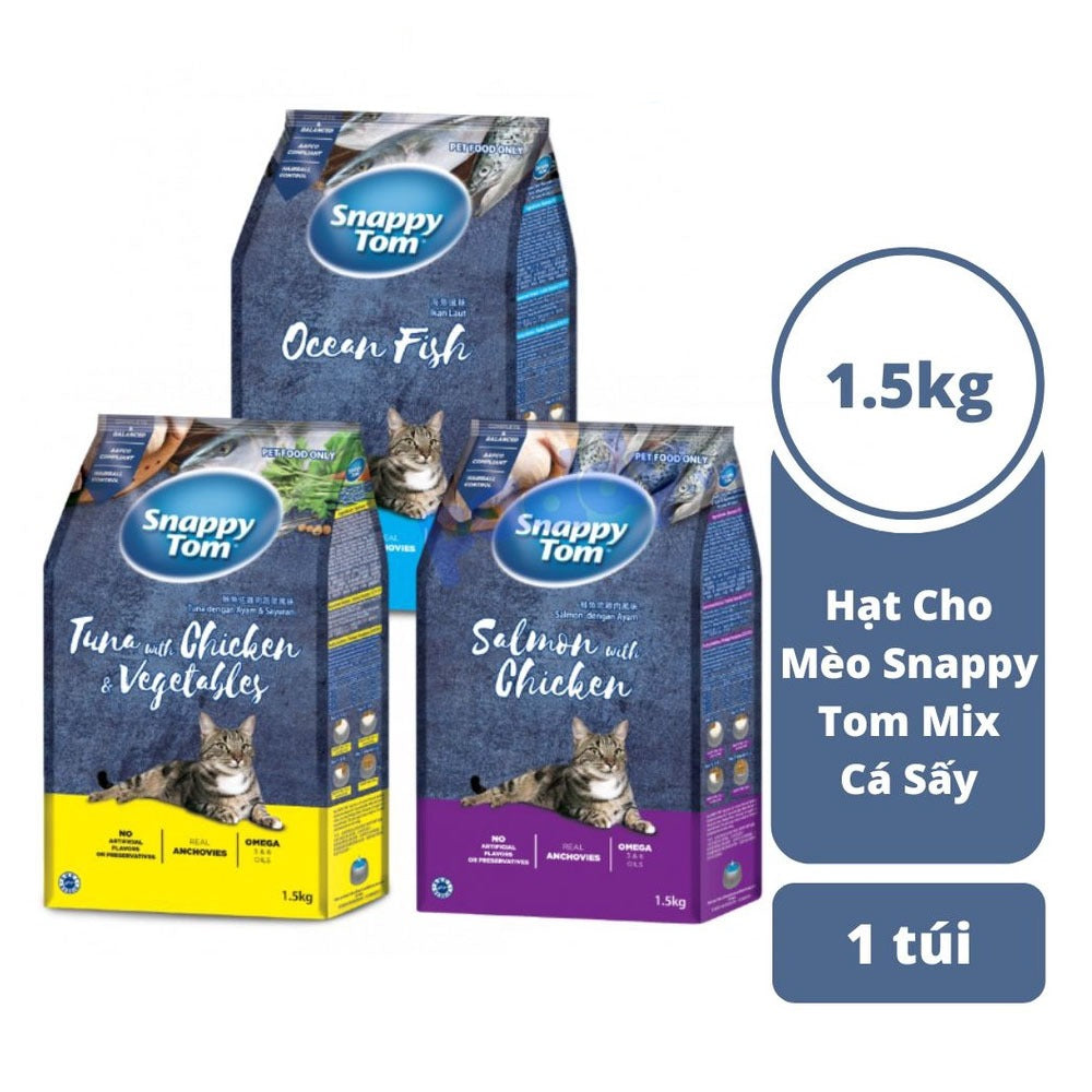 Hạt cho mèo Snappy Tom 1.5kg - Omega 3, 6, cá hồi/gà/rau củ - Hỗ trợ da lông - Huna
