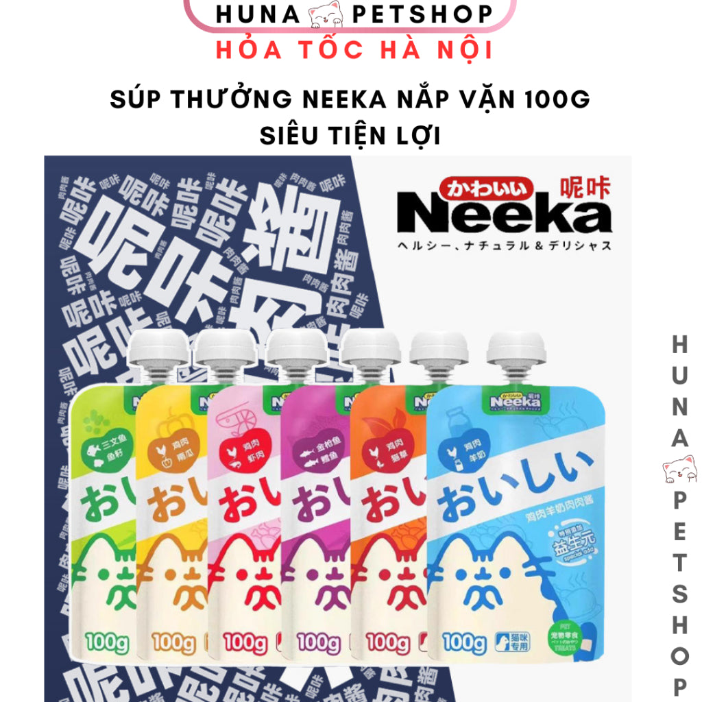 Súp thưởng nắp vặn Neeka 6 hương vị gói 100g cho mèo - Huna
