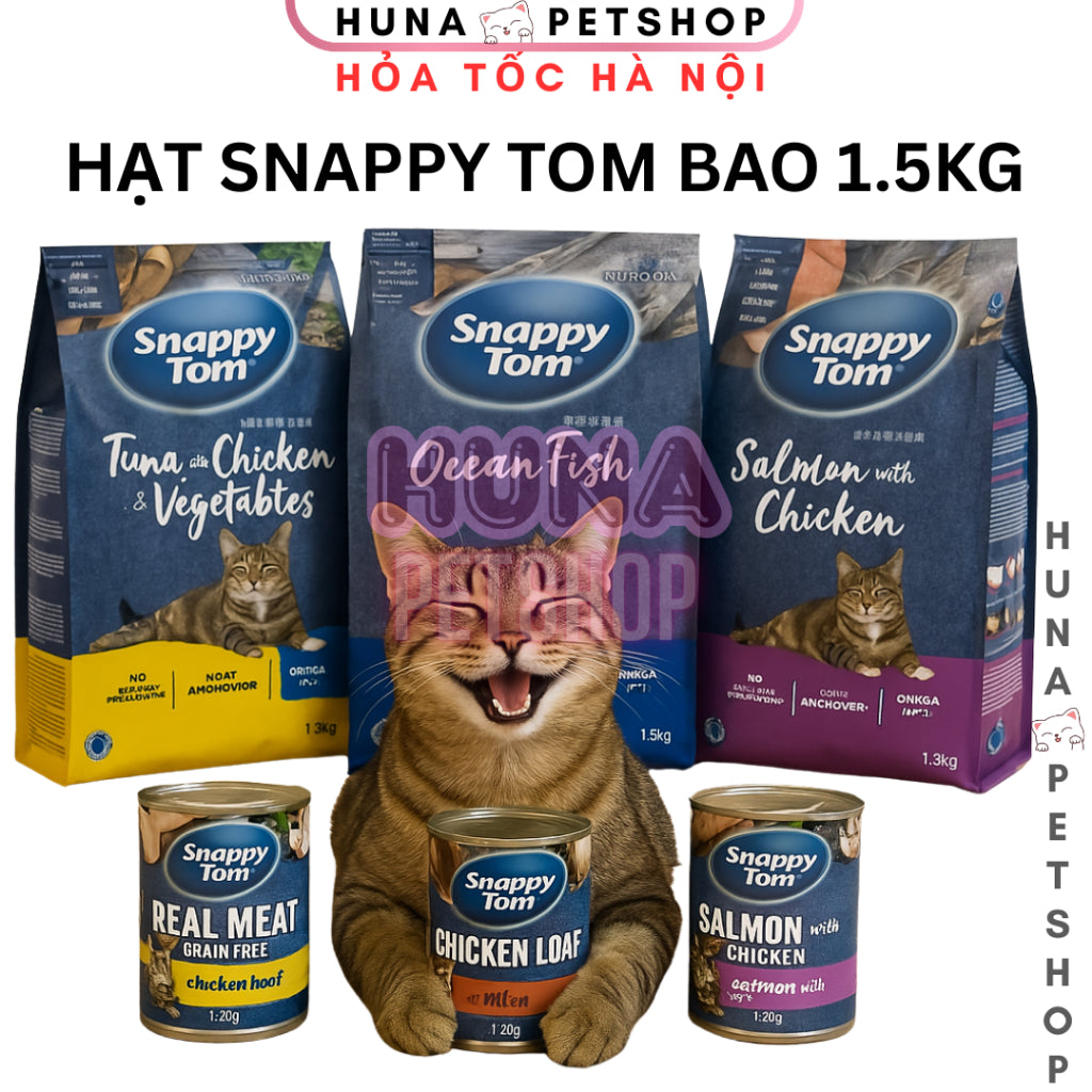 Hạt Khô Cho Mèo Snappy Tom - Túi 1.5kg - Bổ Sung Omega 3 & 6, Ngăn Búi Lông - Huna