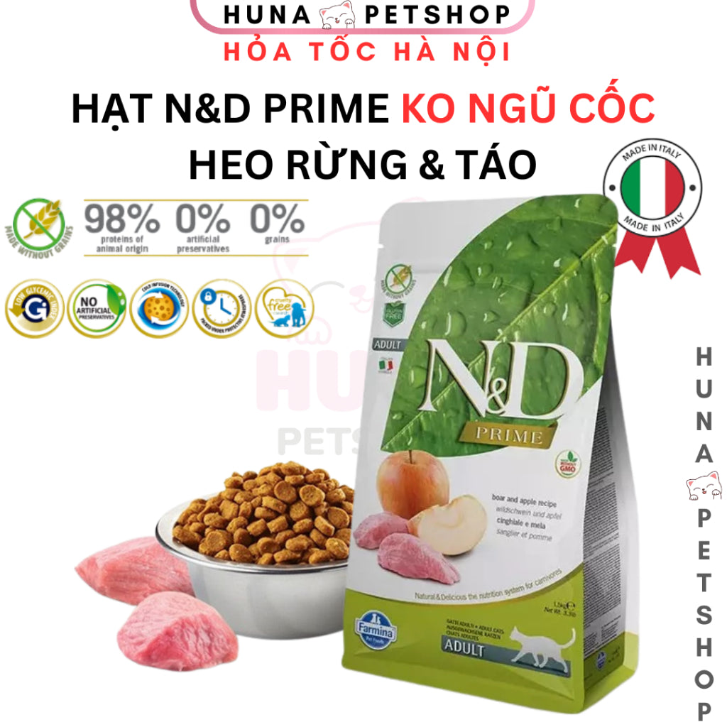 Hạt N&D Cho Mèo Vị Heo Rừng & Táo – Farmina N&D Prime Boar & Apple Adult Cat – Hạt Cao Cấp Không Ngũ Cốc - Huna