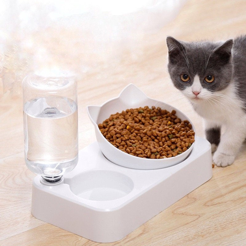 Bát ăn đôi chống gù lưng kèm bình nước tự động cho chó mèo - Huna