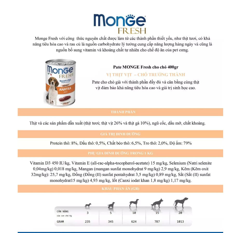Pate cho chó cao cấp Monge 400g – Thức ăn dinh dưỡng hoàn chỉnh cho chó từ 01 tháng tuổi