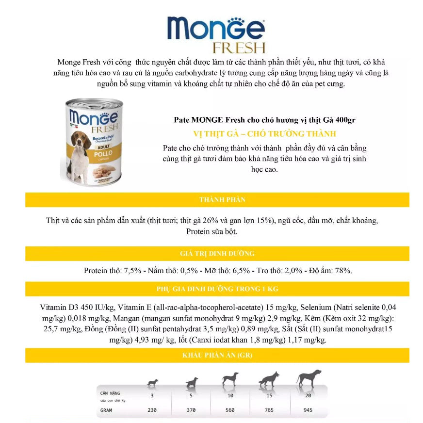 Pate cho chó cao cấp Monge 400g – Thức ăn dinh dưỡng hoàn chỉnh cho chó từ 01 tháng tuổi