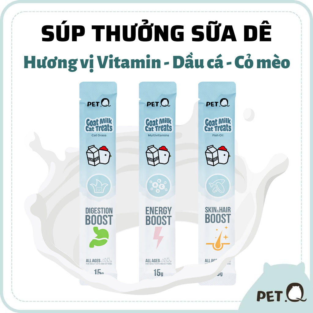 Combo Súp thưởng cho mèo PetQ, Súp thưởng sữa dê cao cấp, Vitamin, Dầu cá, Cỏ mèo, Ngon miệng, Dinh dưỡng - Huna
