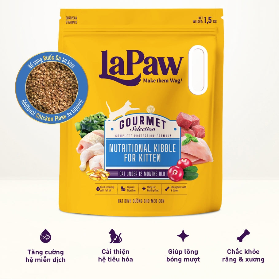 Hạt mèo laPaw Gourmet cho mèo trộn ruốc, chà bông túi 1,5Kg