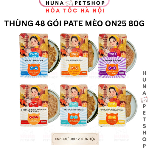 [THÙNG 48 GÓI] Pate Mèo ON25 Cá Ngừ 6 Vị – Lông Mượt, Giảm Búi Lông, Bổ Sung Nước – Huna