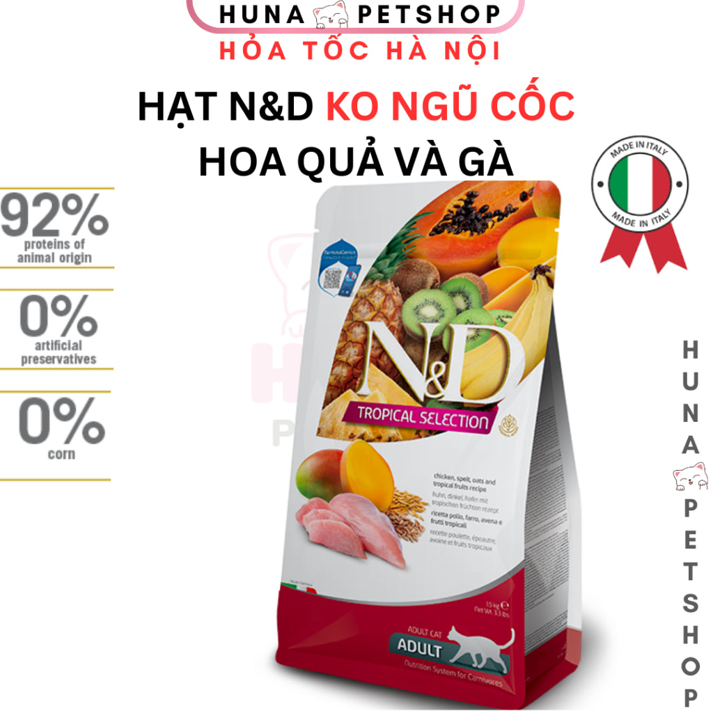 Hạt mèo N&D Tropical Selection Vị Gà & Trái Cây Nhiệt Đới – Farmina N&D Chicken & Tropical Fruits Adult Cat – Huna