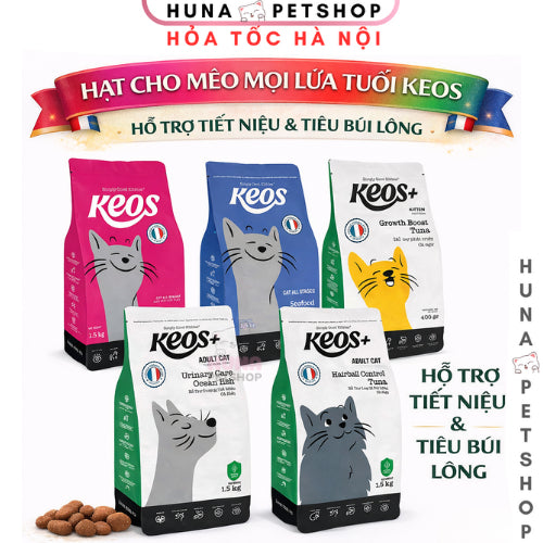 Thức Ăn Hạt Cho Mèo Mọi Lứa Tuổi Keos Túi 1.5kg –  Hỗ Trợ Tiết Niệu & Tiêu Búi Lông – huna